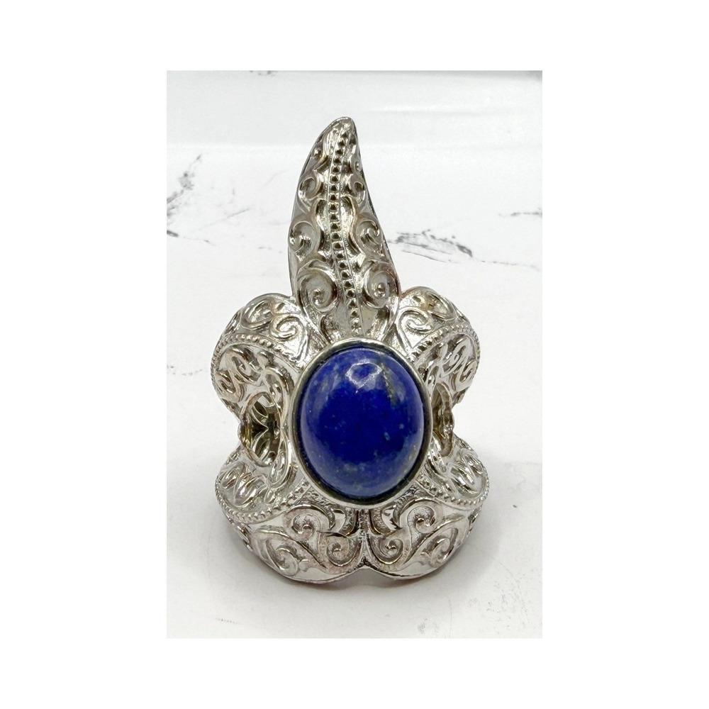 Blue Cabochon Starfish Ring Silver Tone Coastal Statement Size 7